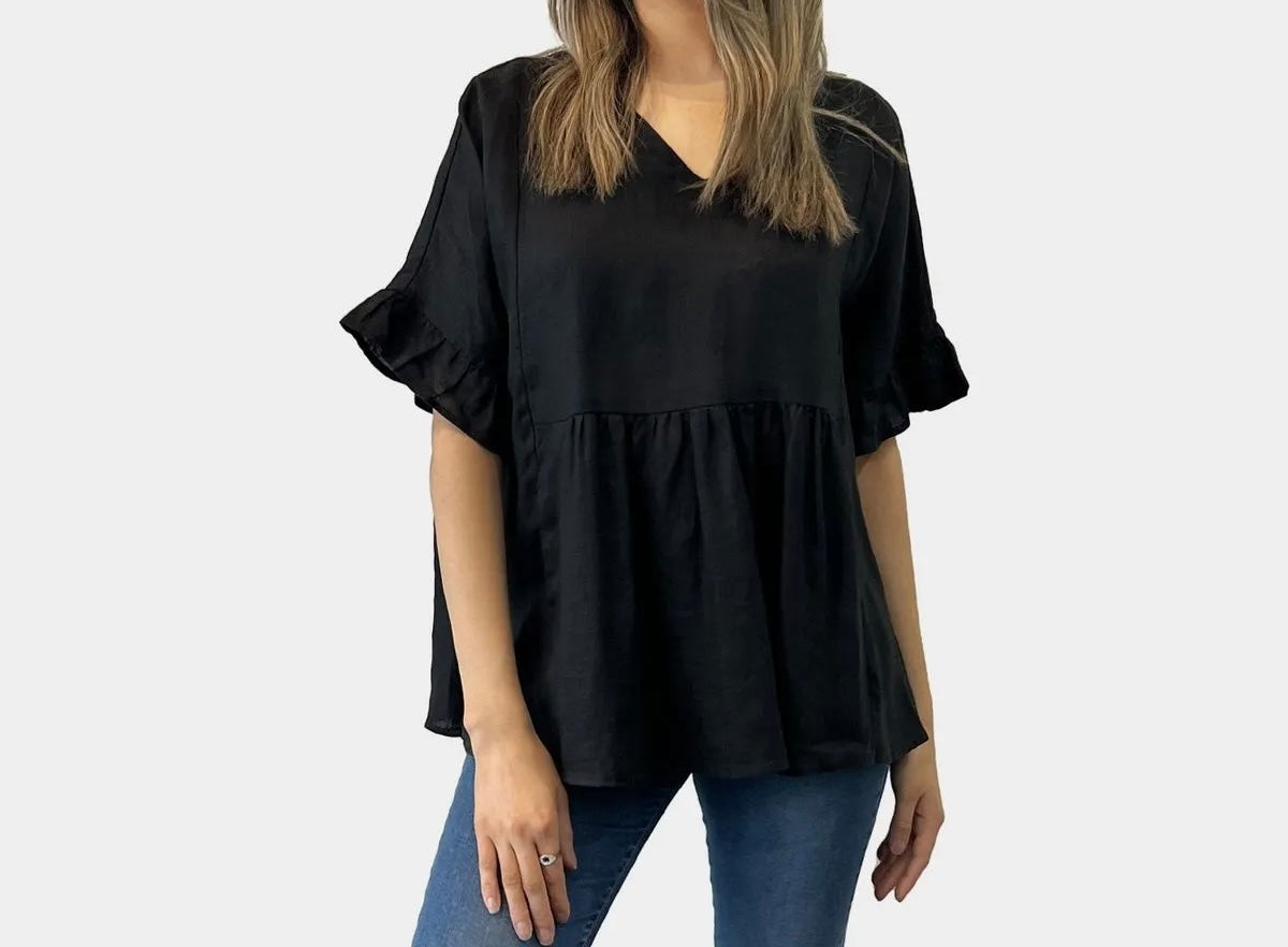 Black Linen Top Loose Fit with frill
