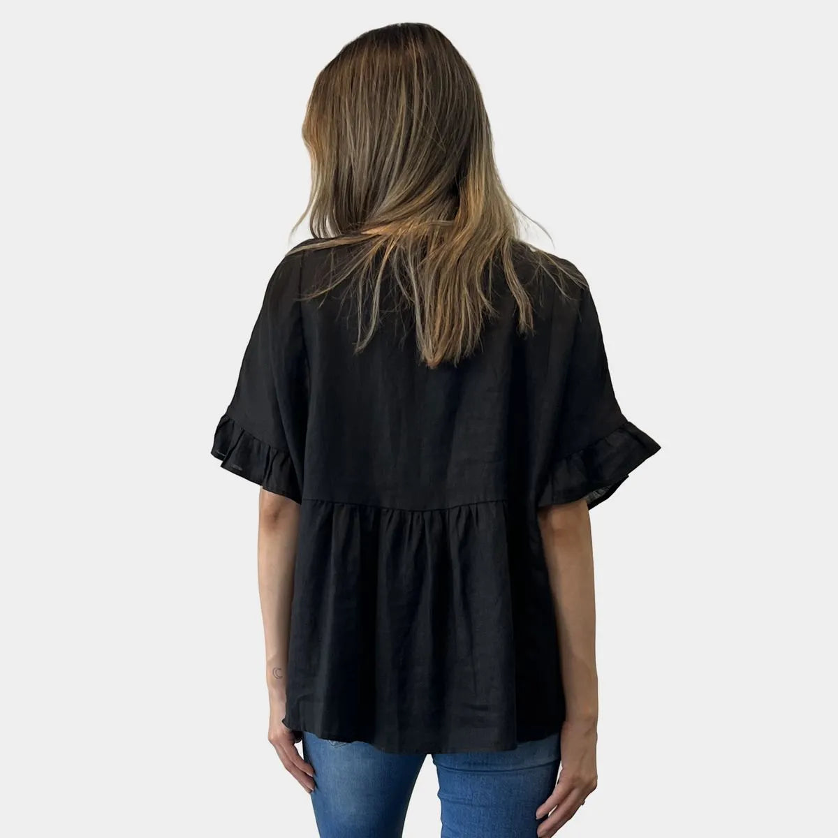 Black Linen Top Loose Fit with frill