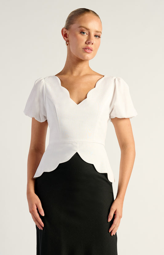Lia Puff Sleeve Scallop Top White