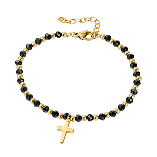 Black Bead Rosary Bracelet with Gold Cross