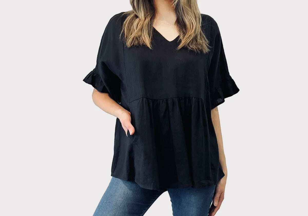 Black Linen Top Loose Fit with frill