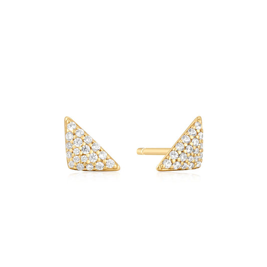 Gold triangle-shaped earrings with clear stones on a white background