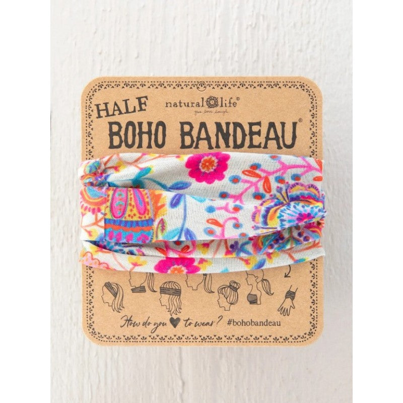 Colorful boho bandeau on a branded card with 'Half Boho Bandeau' text.