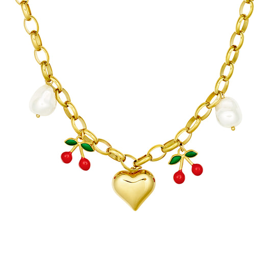 Paperclip Chain Cherries Charm Necklace