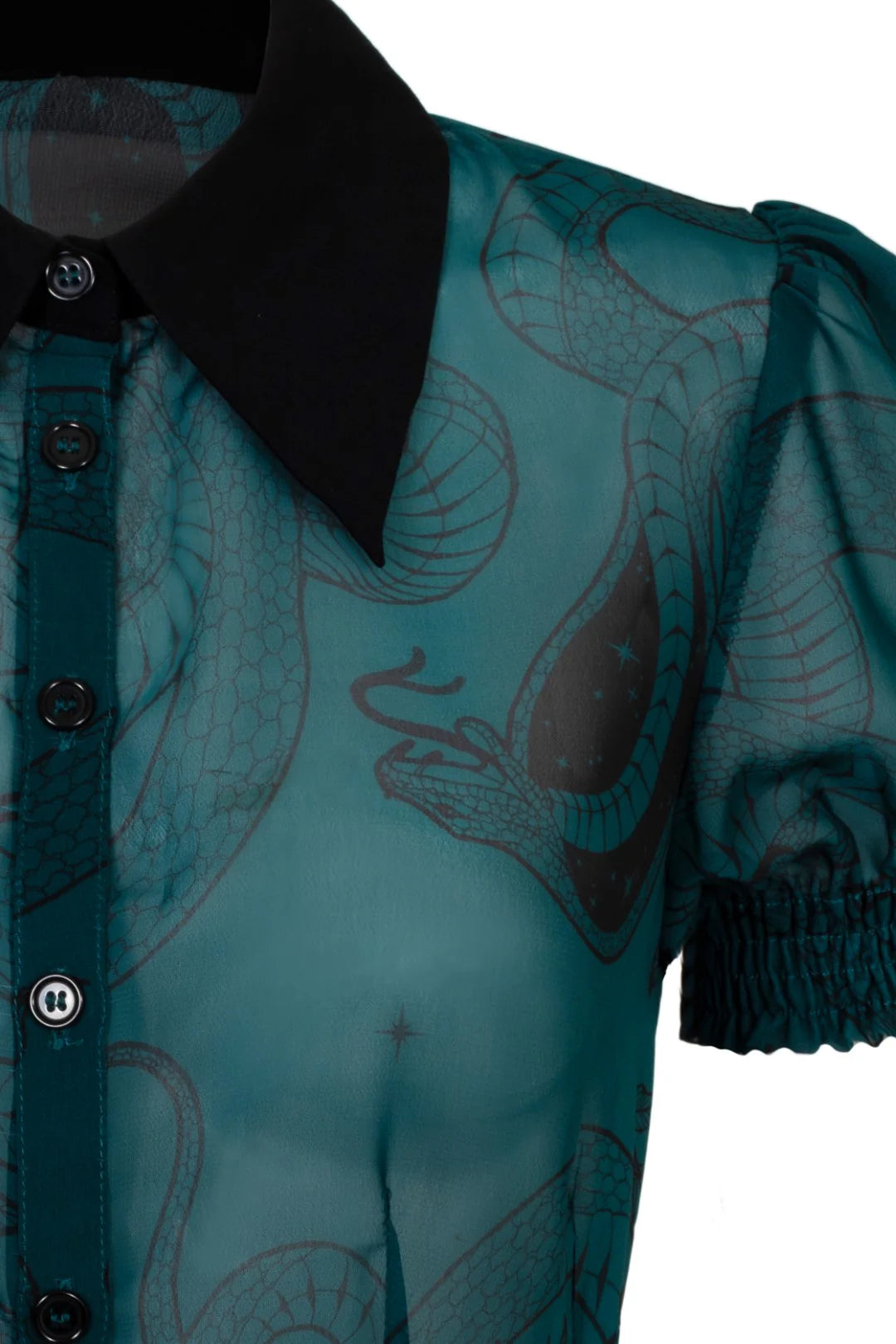 Teal shirt with black collar and dragon design on a white background